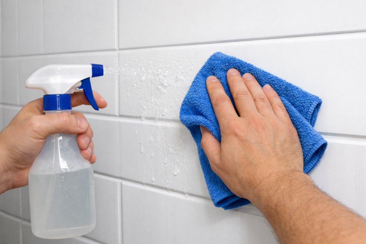 Cleaning PVC bathroom wall panels with soft cloth and mild detergent solution