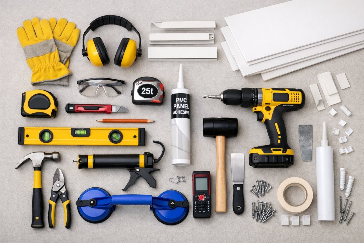 Essential tools for PVC wall panel installation including spirit level, saw, and adhesive gun