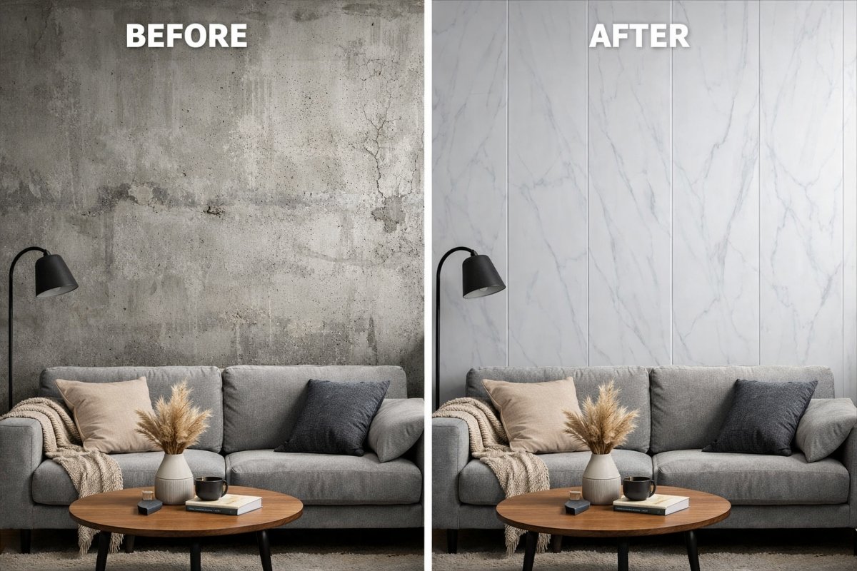 Bathroom transformation showing old tiles replaced with glossy white PVC wall panels