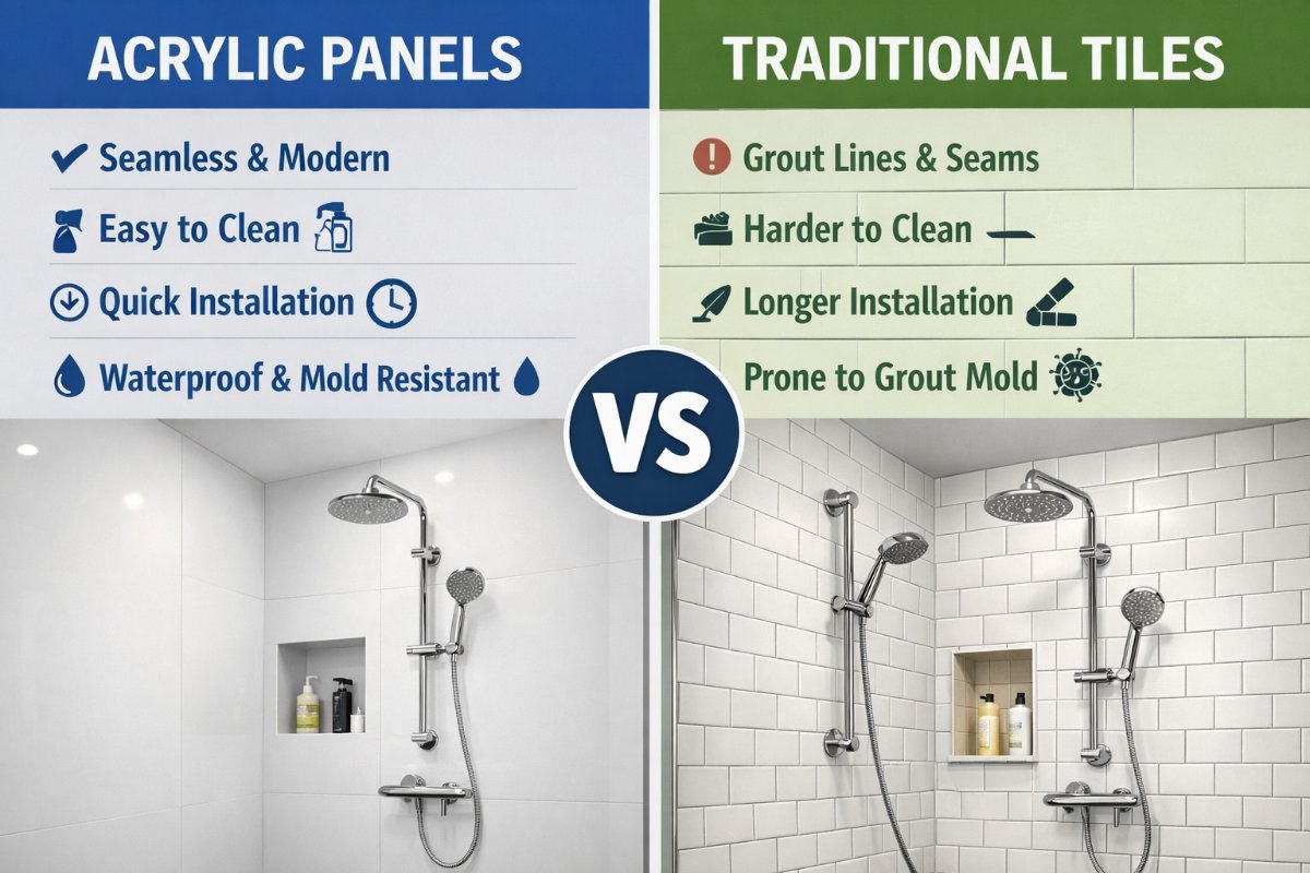 Side by side comparison of acrylic shower panels and traditional ceramic bathroom tiles