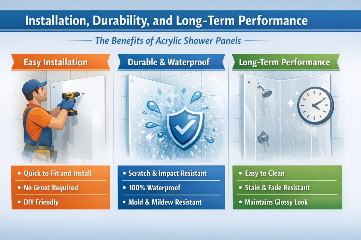 Professional installer fitting acrylic shower wall panels in British bathroom