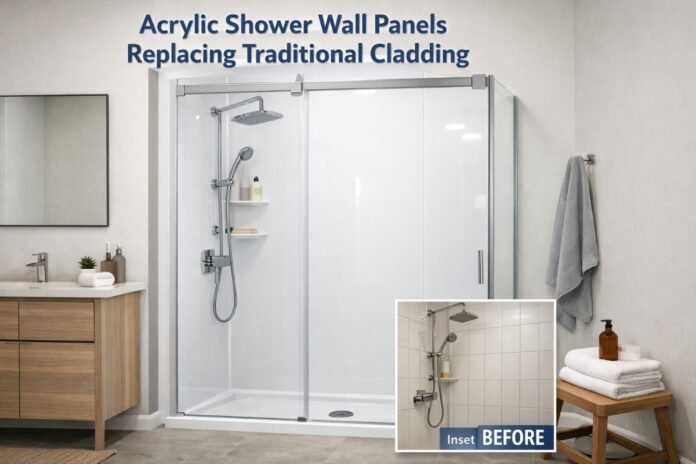 Modern bathroom with white acrylic shower wall panels installed in UK home