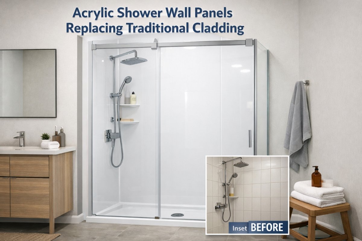 Modern bathroom with white acrylic shower wall panels installed in UK home