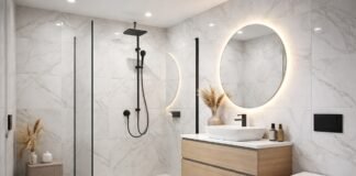 Modern UK bathroom with white PVC wall panels installed around shower area