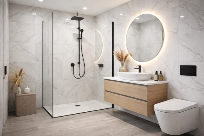 Modern UK bathroom with white PVC wall panels installed around shower area