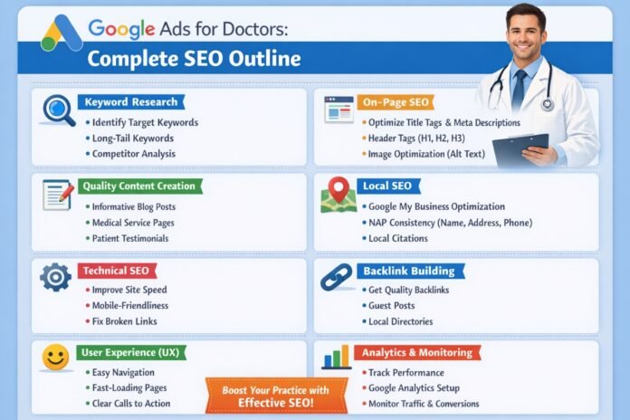 Google Ads dashboard showing healthcare marketing campaign performance for doctors