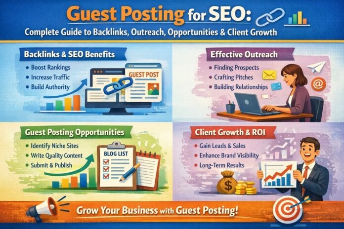 Guest posting for SEO showing backlinks, outreach, and guest blogging opportunities