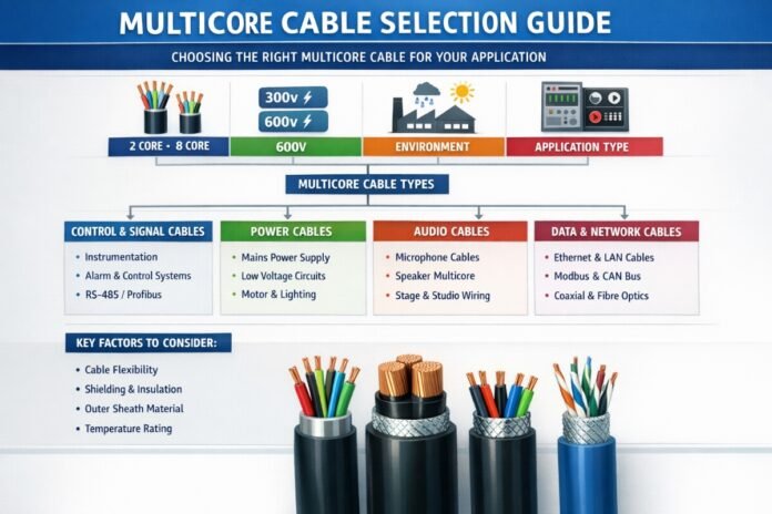 Multicore electrical cable cross section showing multiple insulated copper conductors