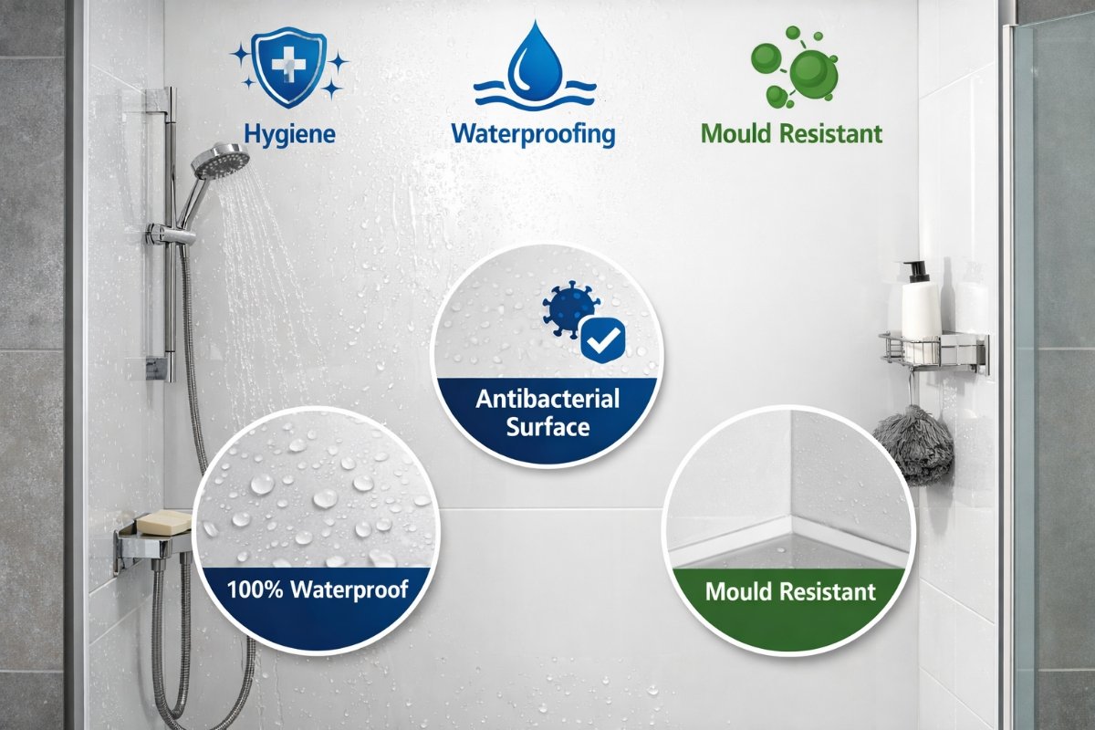 Seamless grout-free shower wall finish with acrylic panels