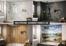 Multipanel shower panels installed in a modern UK bathroom shower area