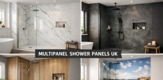 Multipanel shower panels installed in a modern UK bathroom shower area
