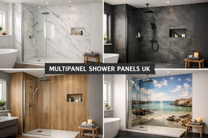 Multipanel shower panels installed in a modern UK bathroom shower area