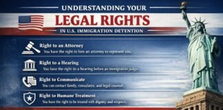 Immigrant detainee speaking with legal representative about rights in U.S. immigration detention facility