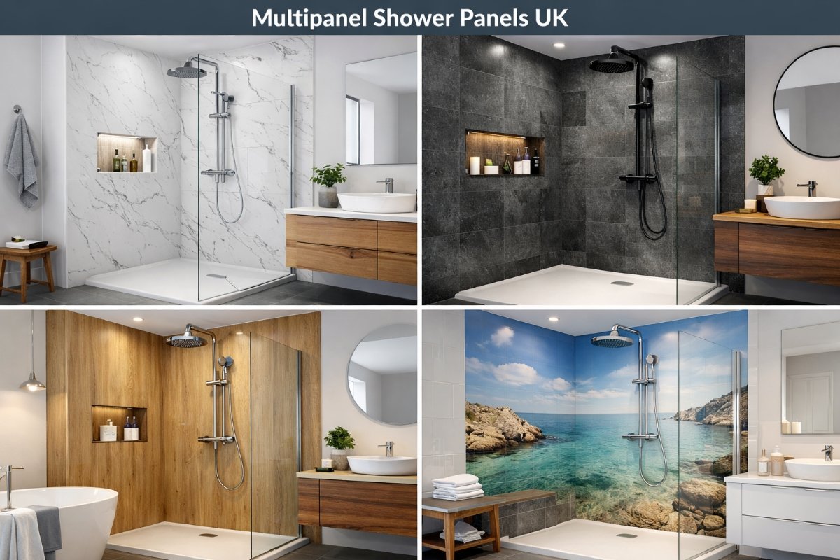 Waterproof multipanel shower wall system in a shower enclosure