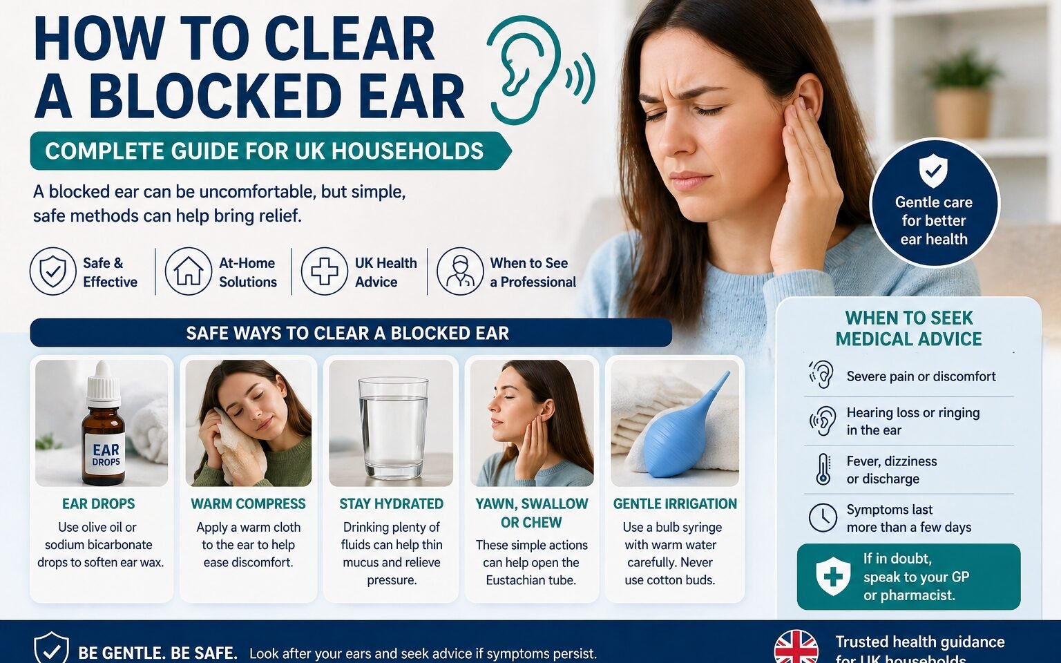 how to clear a blocked ear safely at home UK ear care guide