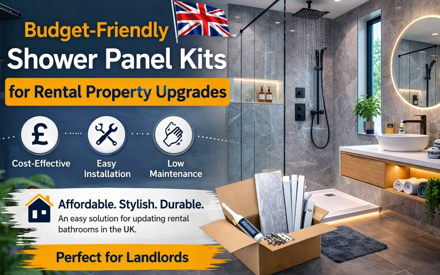 Modern rental property bathroom upgraded with budget-friendly shower panel kits