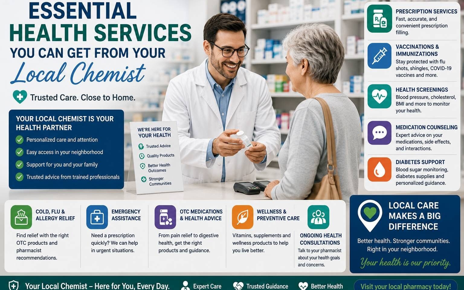 Local chemist providing essential healthcare services and medication support to a customer