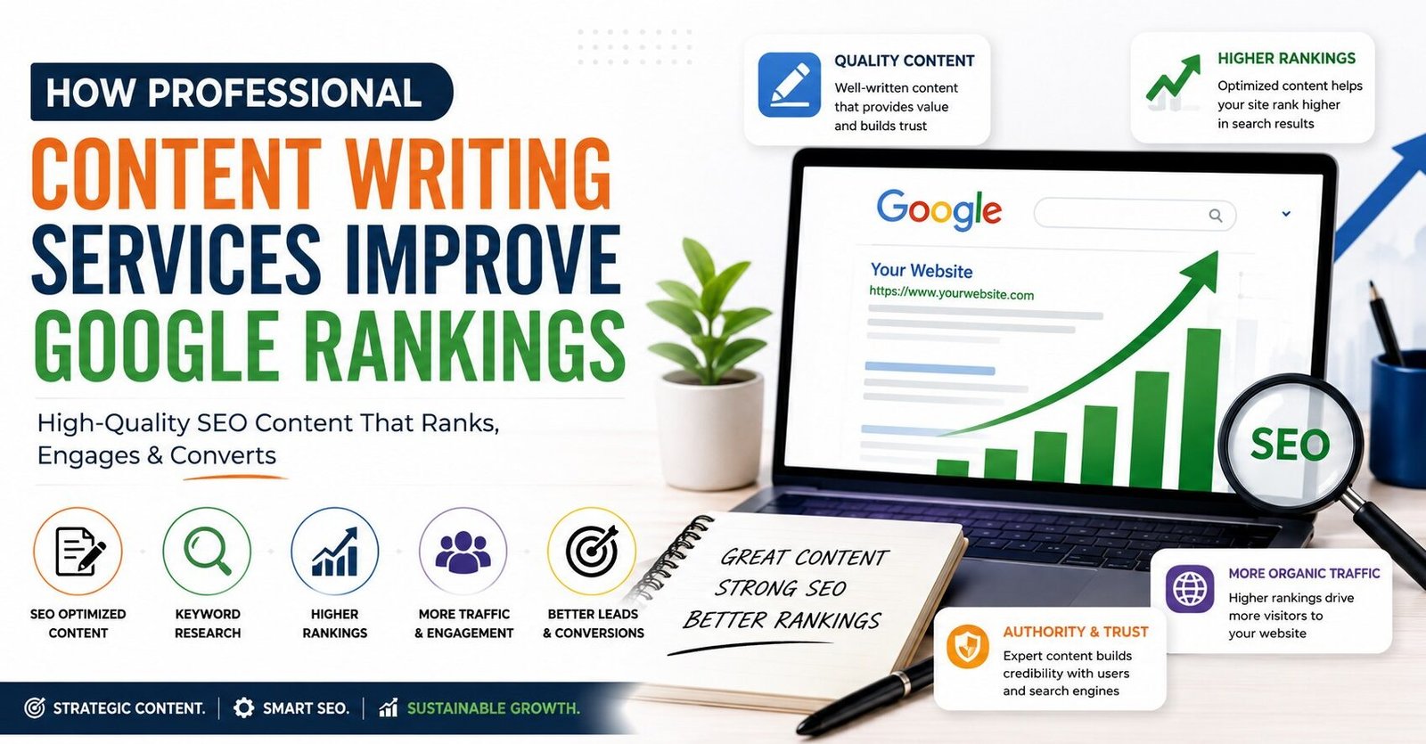 Professional content writing services improving Google rankings through SEO content strategy and organic traffic growth