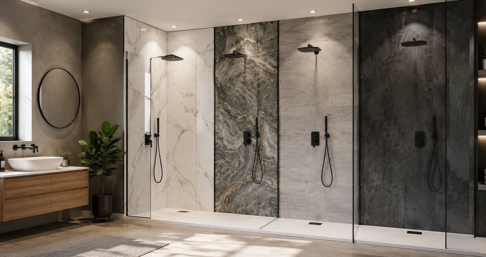 Modern shower wall panels for bathrooms in a stylish UK bathroom renovation design