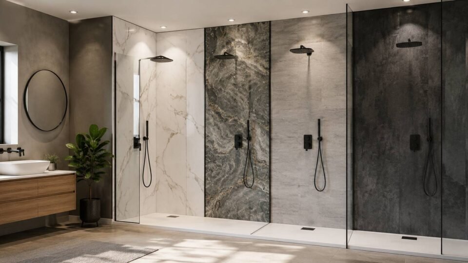 Modern shower wall panels for bathrooms in a stylish UK bathroom renovation design