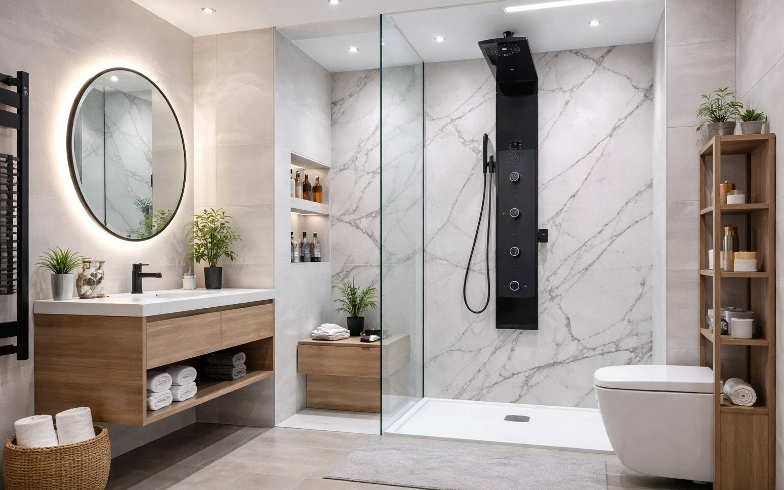 Modern bathroom with stylish shower panel features and contemporary interior design