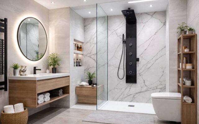 Modern bathroom with stylish shower panel features and contemporary interior design