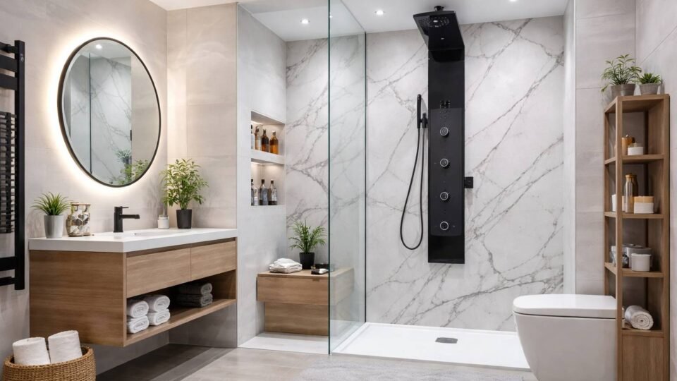 Modern bathroom with stylish shower panel features and contemporary interior design