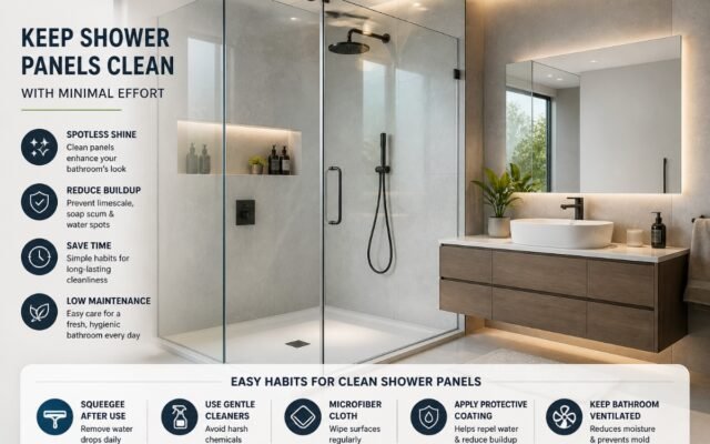 Clean glass shower panels with water repellent surface showing minimal soap scum and limescale buildup