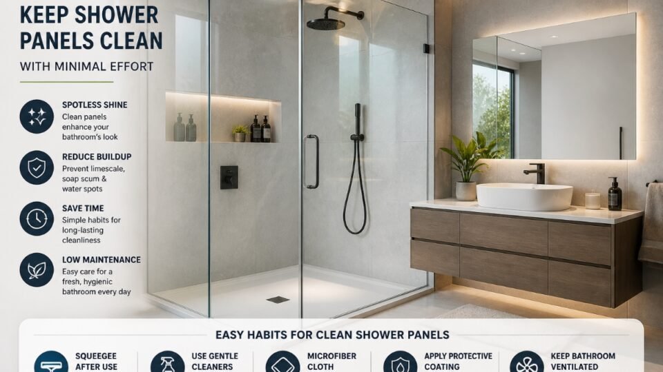 Clean glass shower panels with water repellent surface showing minimal soap scum and limescale buildup