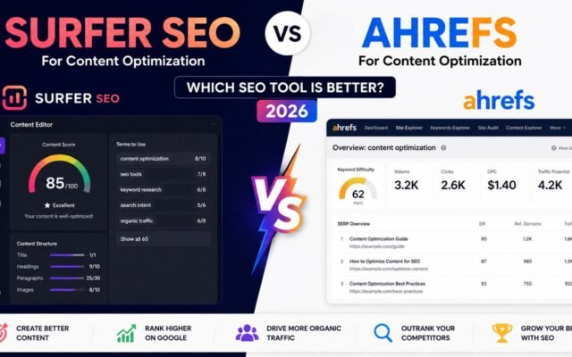 Surfer SEO vs Ahrefs for content optimization comparison featuring SEO analysis, keyword research, and content strategy tools