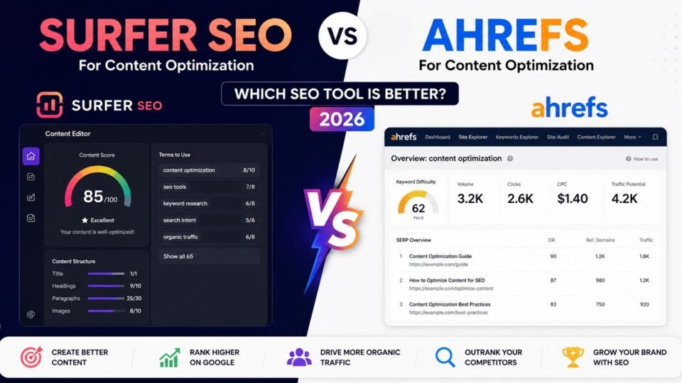 Surfer SEO vs Ahrefs for content optimization comparison featuring SEO analysis, keyword research, and content strategy tools