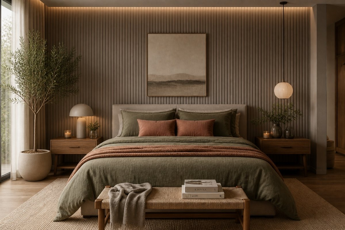 Serene bedroom with warm grey textured wall panels behind bed, olive bedding and warm minimalism interior