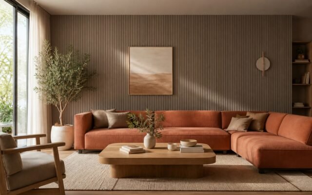 Warm grey fluted wall panels in modern living room with terracotta sofa and earthy tones, warm minimalism style 2026