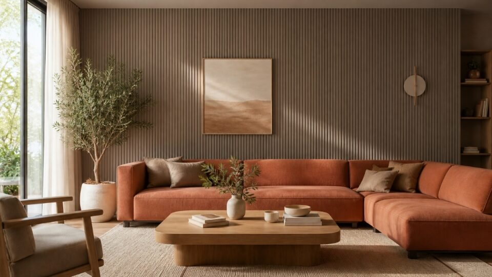 Warm grey fluted wall panels in modern living room with terracotta sofa and earthy tones, warm minimalism style 2026