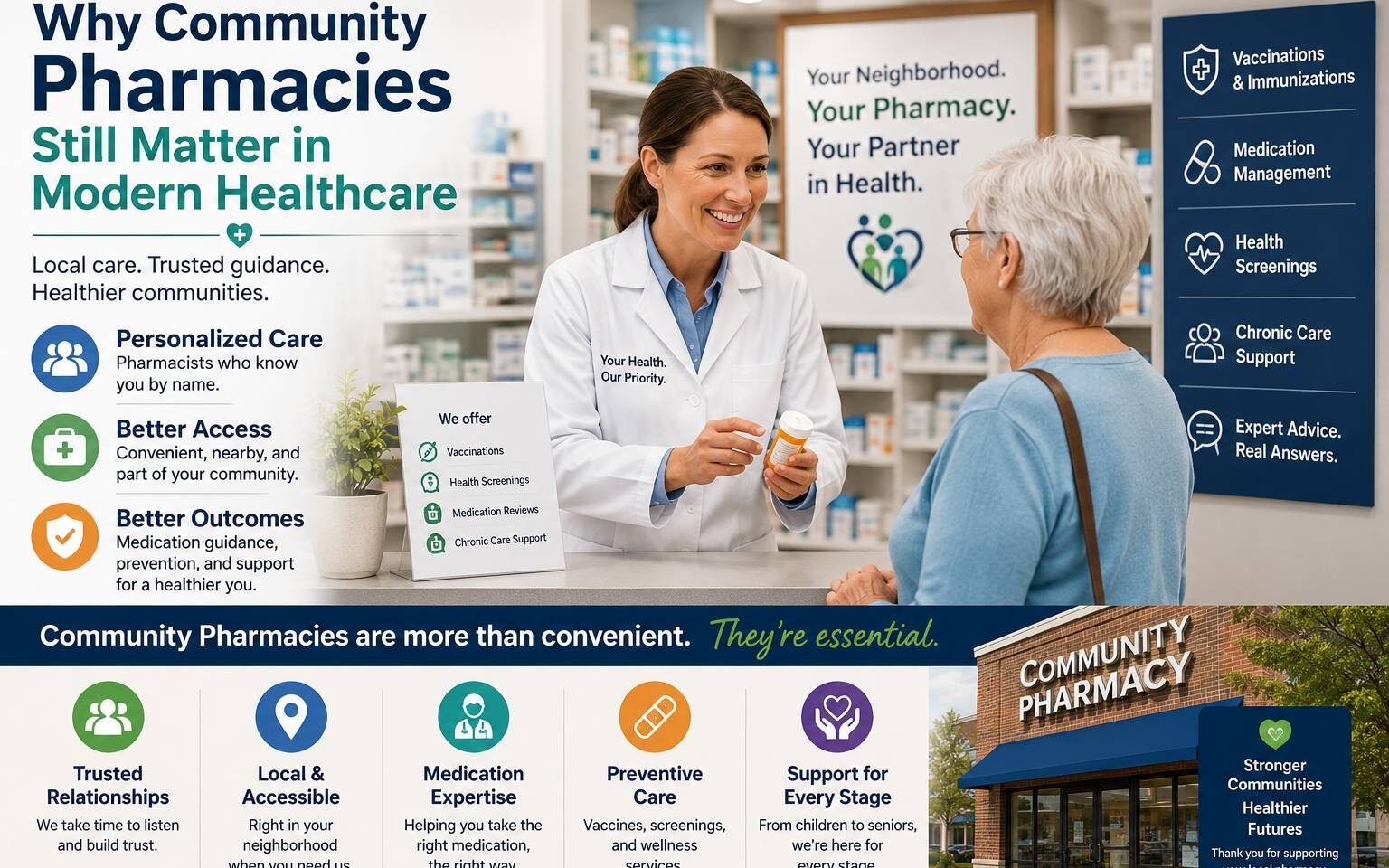 Community pharmacist helping an elderly patient in a modern healthcare pharmacy