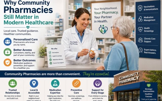 Community pharmacist helping an elderly patient in a modern healthcare pharmacy