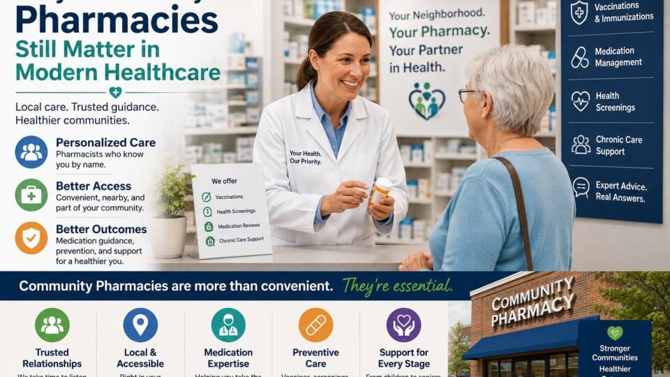 Community pharmacist helping an elderly patient in a modern healthcare pharmacy