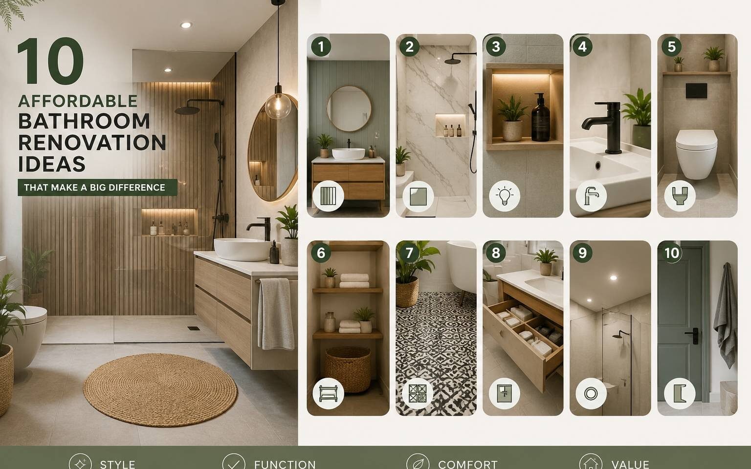 Modern bathroom featuring stylish shower wall panels as part of an affordable bathroom renovation