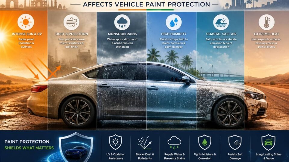 How India's climate affects vehicle paint protection through UV rays, dust, monsoon rain, humidity, coastal salt air and extreme heat