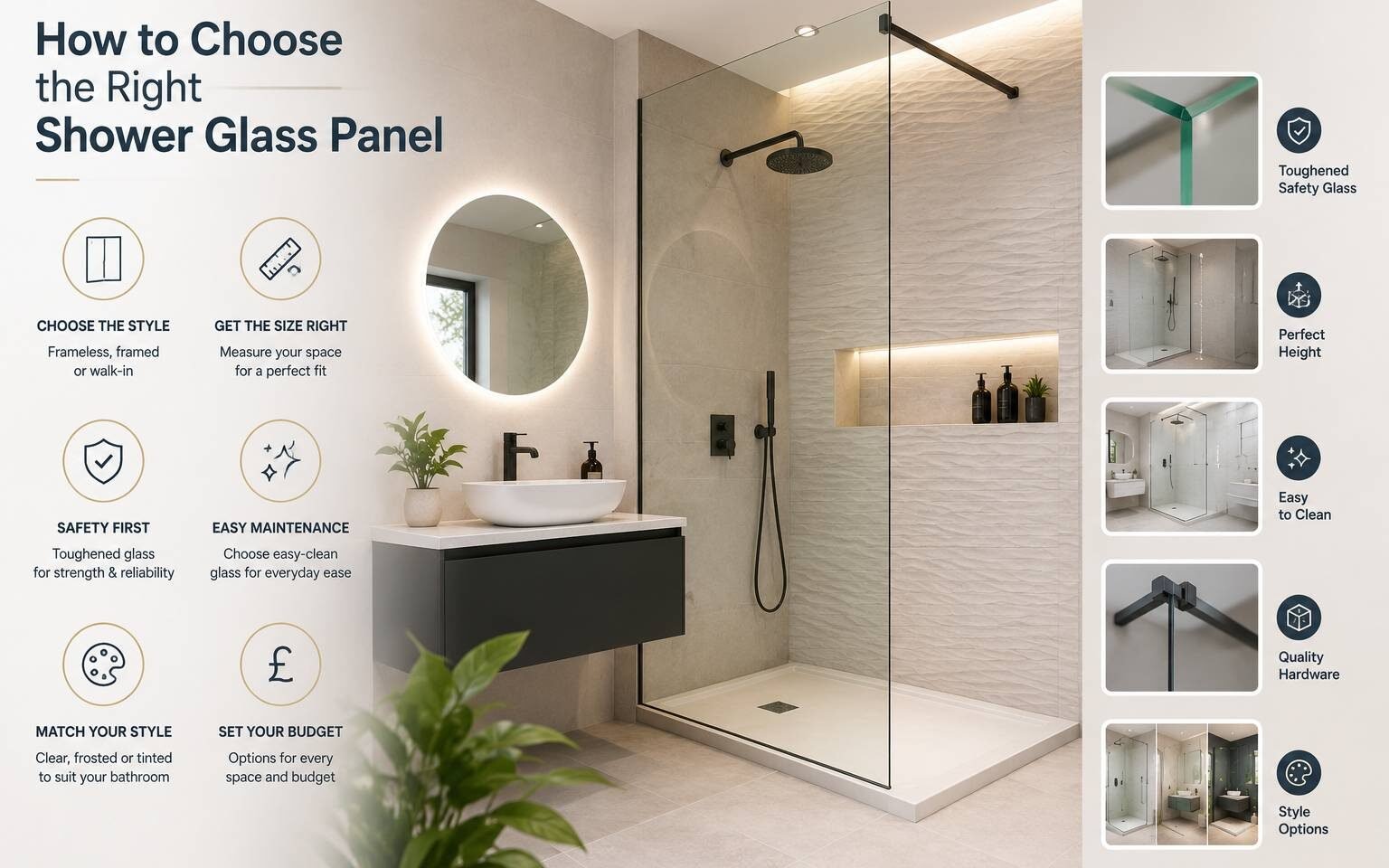 Modern bathroom featuring a frameless shower glass panel designed for style, durability, and space enhancement