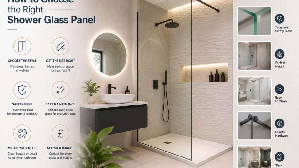 Modern bathroom featuring a frameless shower glass panel designed for style, durability, and space enhancement
