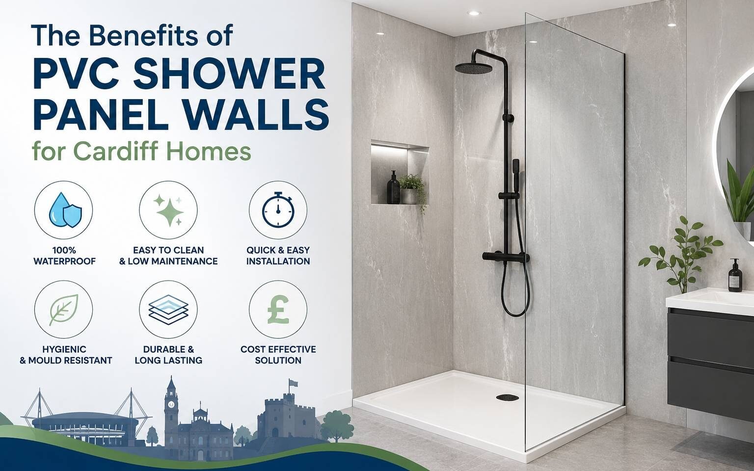 Modern Cardiff bathroom featuring waterproof PVC shower panel walls with a stylish contemporary design