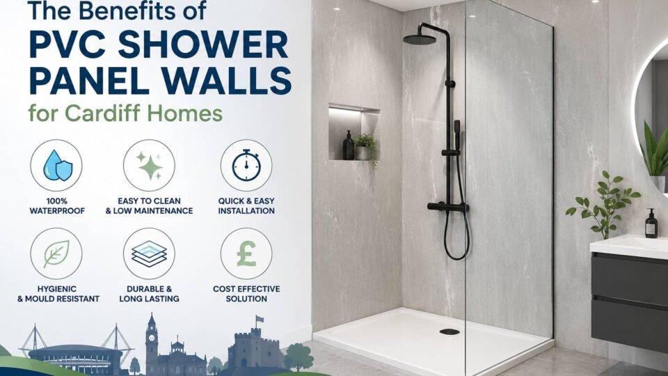 Modern Cardiff bathroom featuring waterproof PVC shower panel walls with a stylish contemporary design