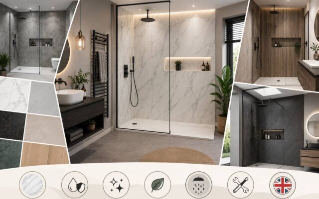 Modern UK bathroom with trendy marble shower panels and contemporary interior design
