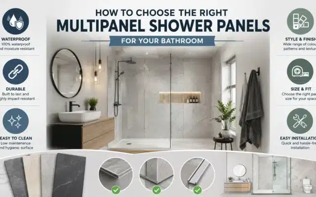 Modern UK bathroom installation featuring grey stone effect Multipanel shower panels in a walk in enclosure next to a vanity unit.