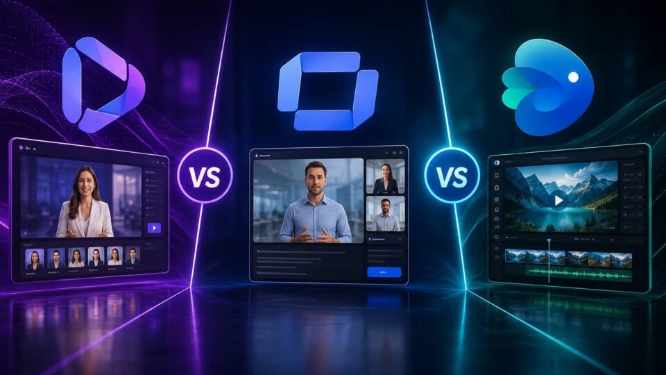 Side by side comparison of HeyGen, Synthesia, and InVideo AI avatar generator platforms in 2026