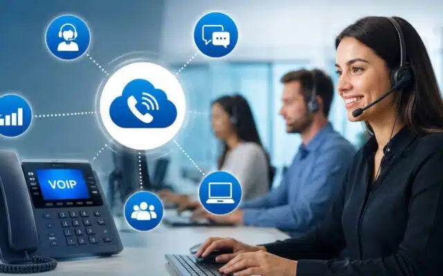 Customer support team using a VoIP phone system to improve business communication and customer service