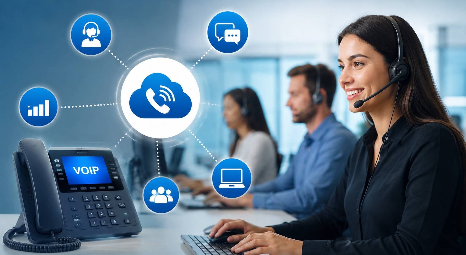 Customer support team using a VoIP phone system to improve business communication and customer service