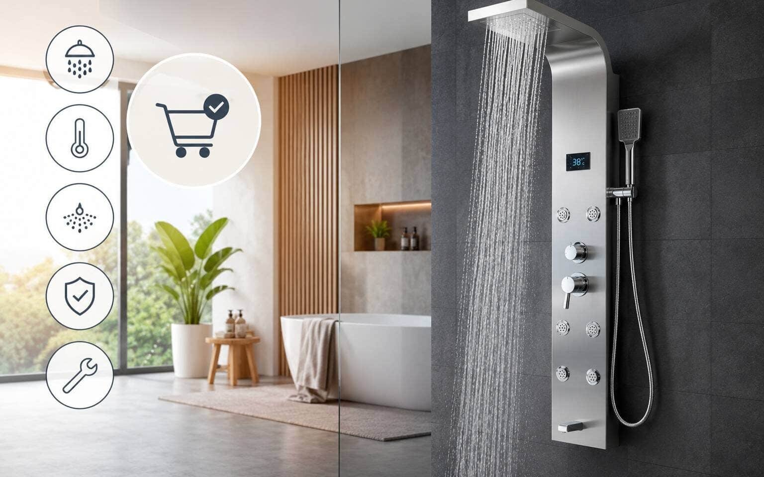 Modern shower panel systems in a stylish UK bathroom showcasing waterproof wall panels and contemporary finishes