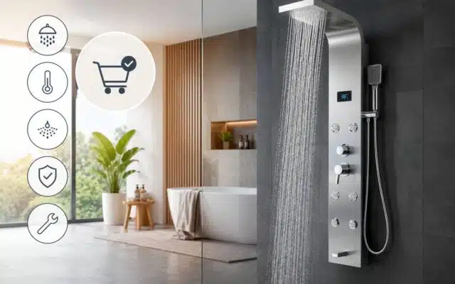Modern shower panel systems in a stylish UK bathroom showcasing waterproof wall panels and contemporary finishes
